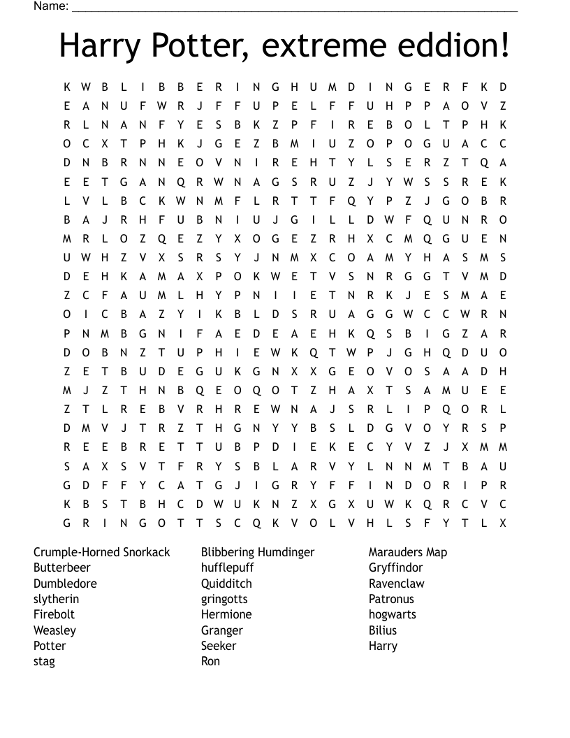 Harry Potter Extreme Eddion Word Search WordMint