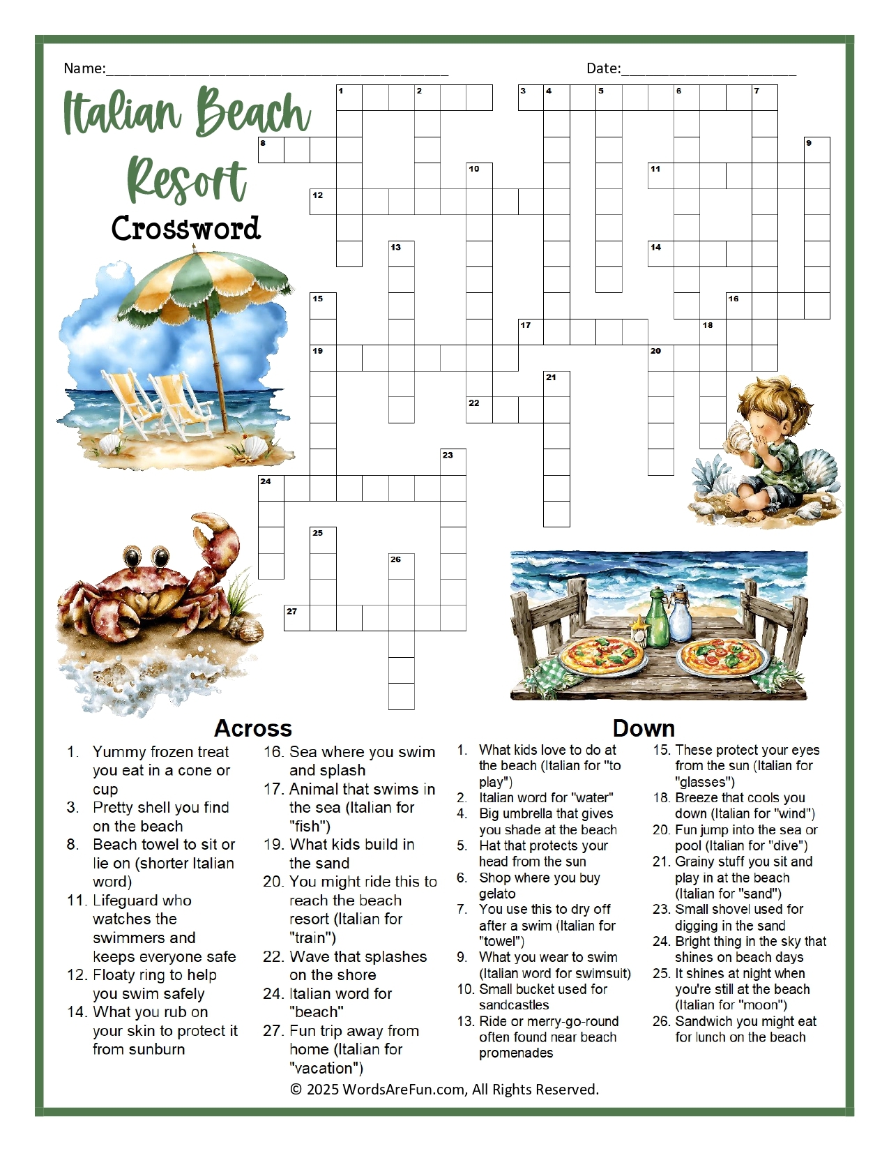 Italian Beach Resort Crossword Puzzle