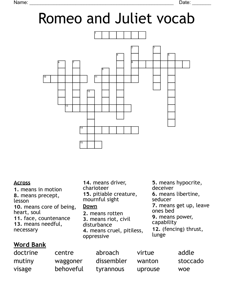 Romeo And Juliet Vocab Crossword WordMint