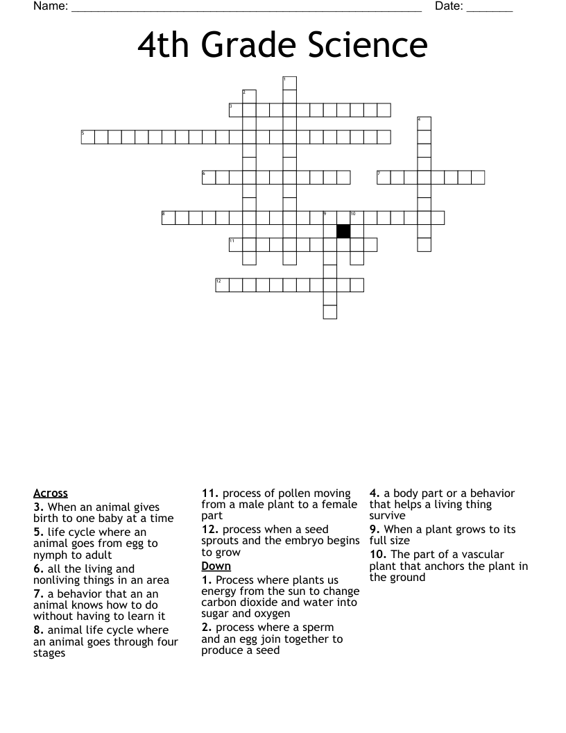 4th Grade Science Crossword WordMint 4th Grade Science Crossword WordMint