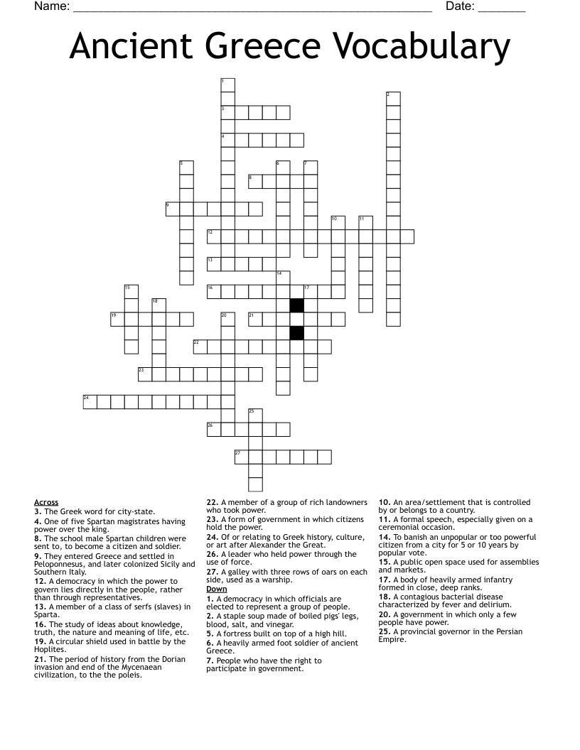 Ancient Greece Vocabulary Crossword WordMint