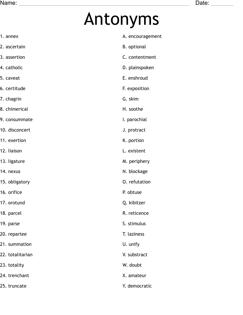 Antonyms Worksheet WordMint