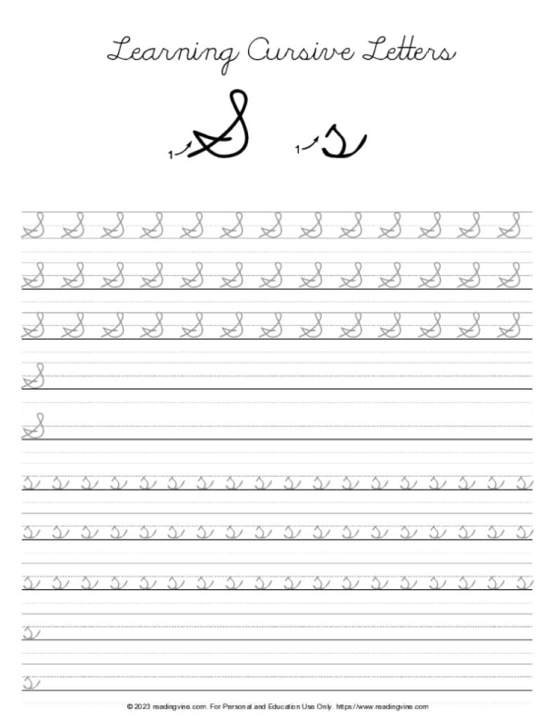 Cursive S Free Printable Practice Worksheets ReadingVine