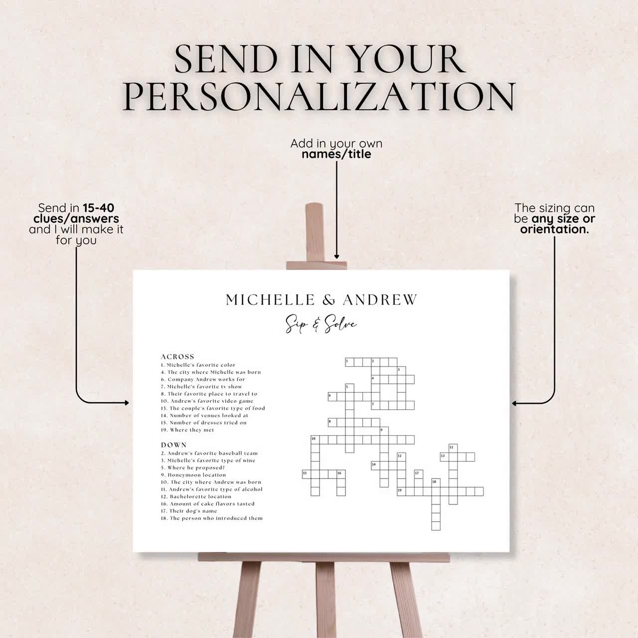 Custom Wedding Crossword Puzzle Poster Board Printed Sip And Solve Bridal Shower Crossword Wedding Puzzle Giant Crossword Large Crossword Etsy