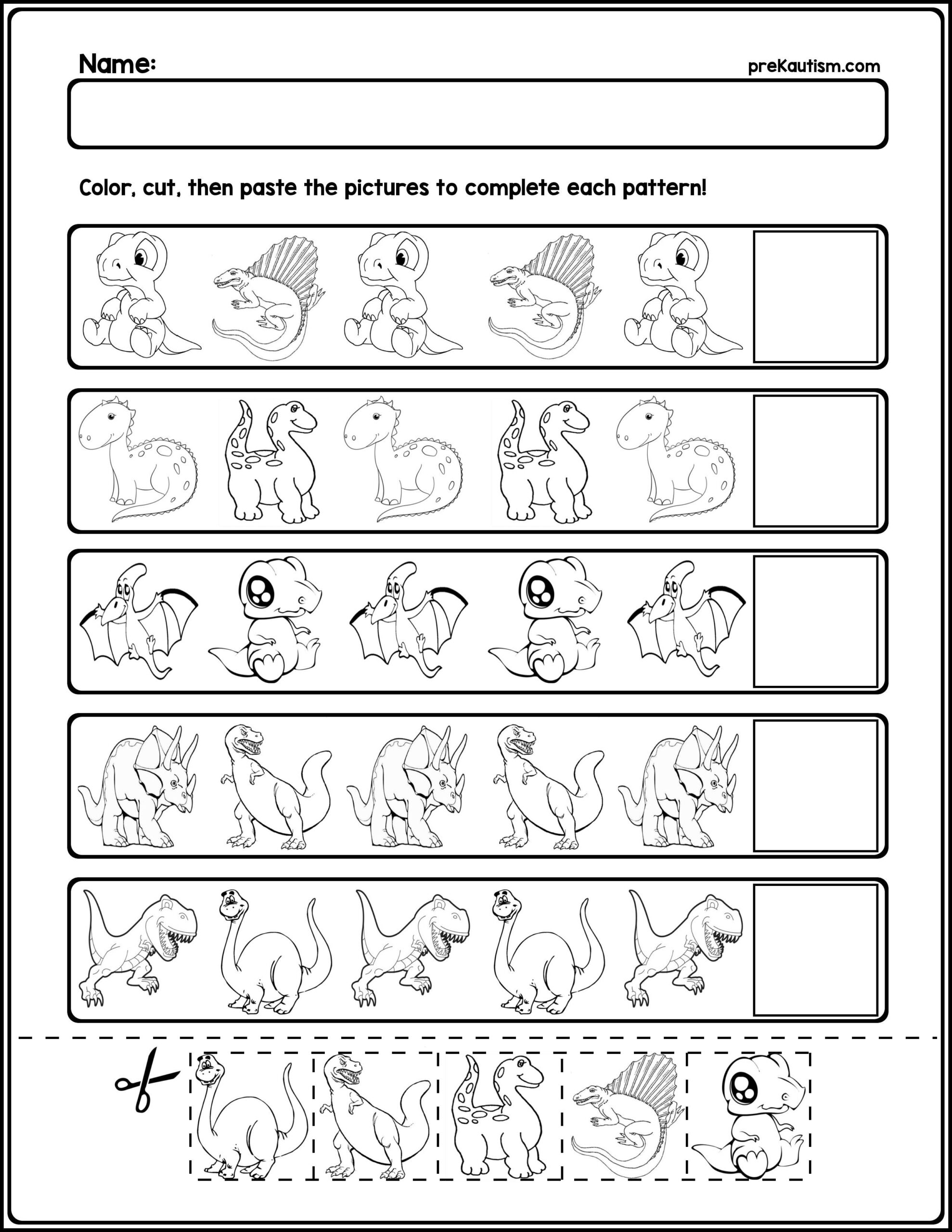 Dinosaur AB Pattern Worksheets 5 Pages By PreKautism TPT