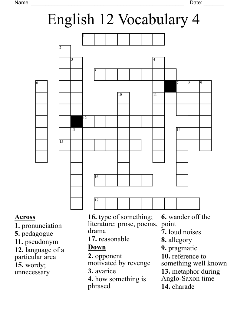 English 12 Vocabulary 4 Crossword WordMint