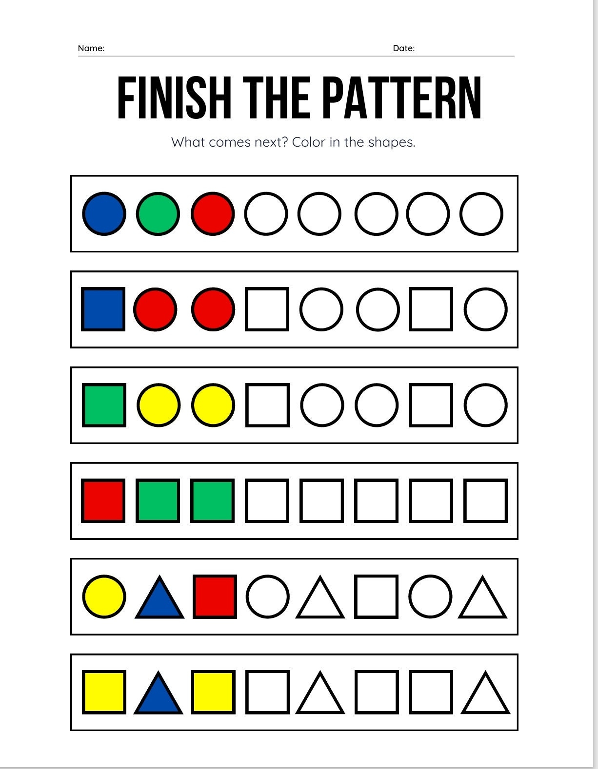 Finish The Pattern Worksheets Etsy