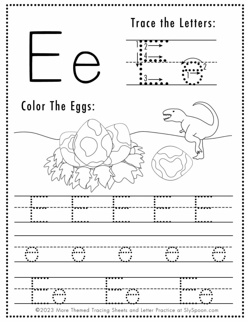Free Letter E Tracing Worksheet Printable Dinosaur Themed Sly Spoon