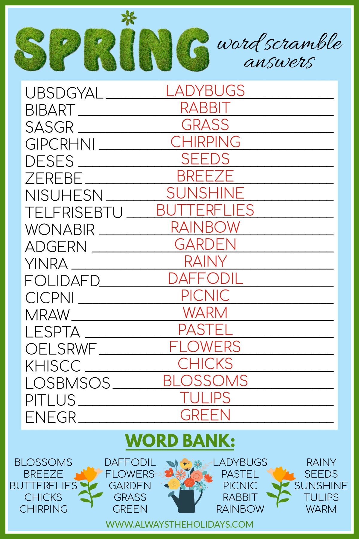 Free Spring Printable Spring Word Scramble With Answers Free Spring Printable Spring Word Scramble With Answers