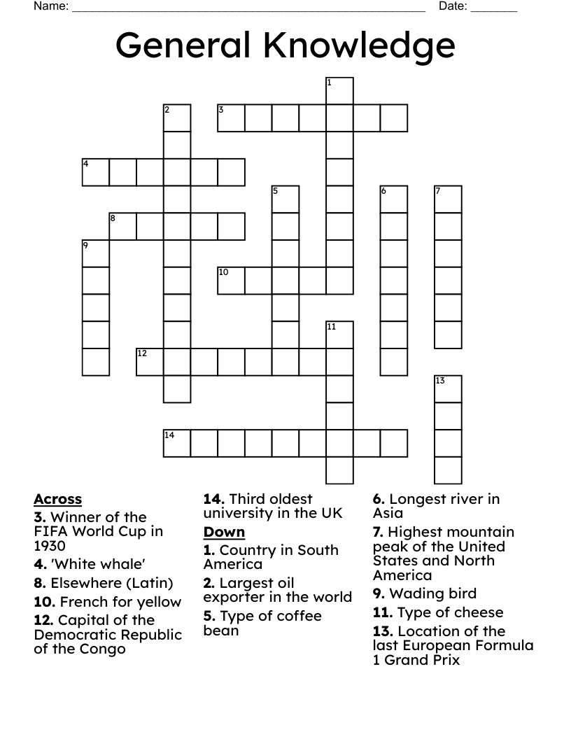 General Knowledge Crossword WordMint General Knowledge Crossword WordMint