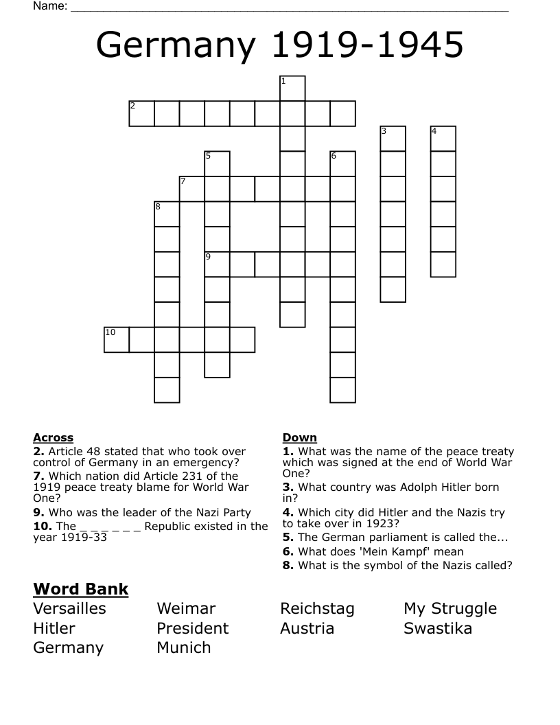 Germany 1919 1945 Crossword WordMint