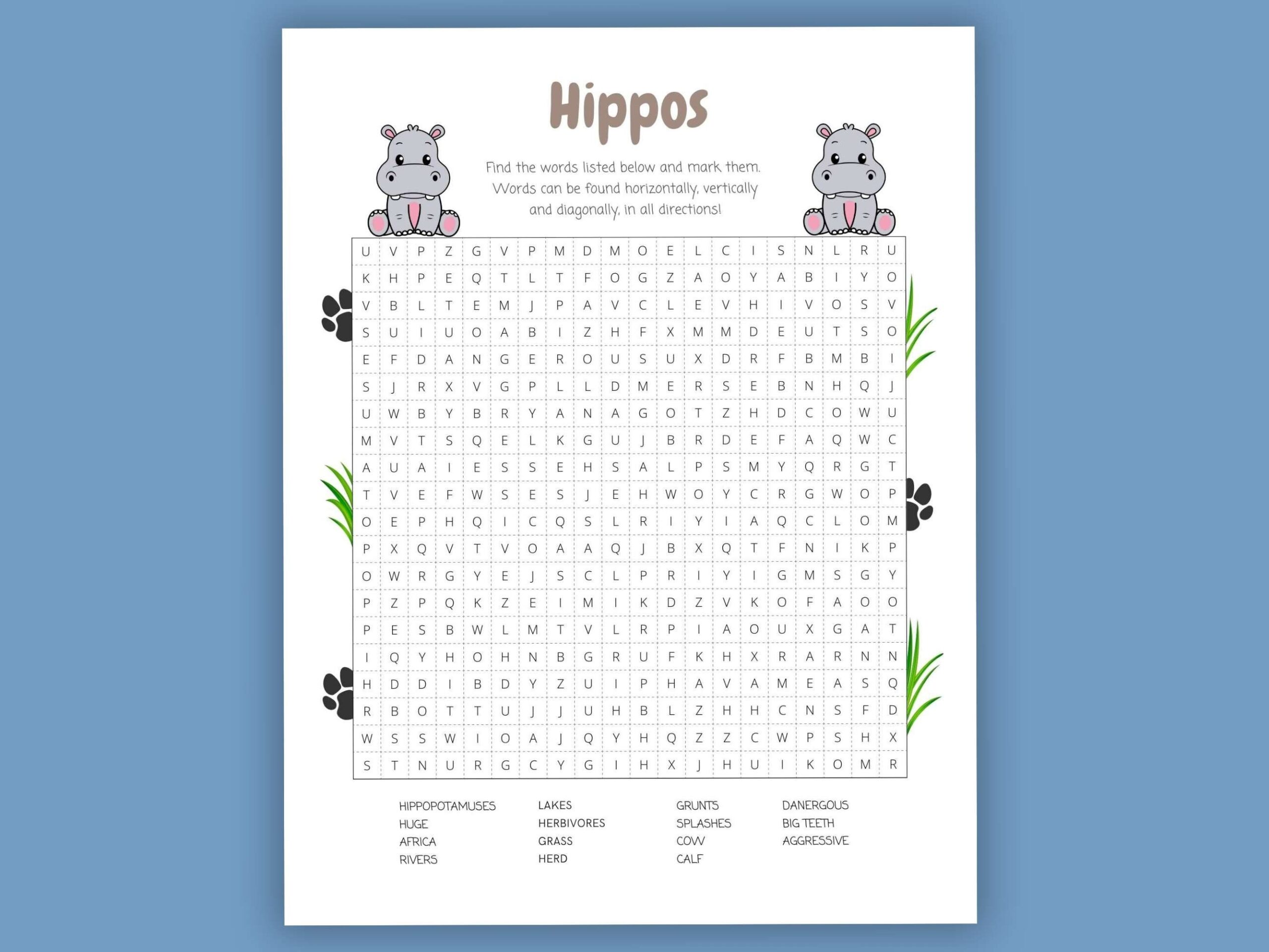 Hippo Word Search Puzzle For Kids Fun Fact Sheet PDF Etsy