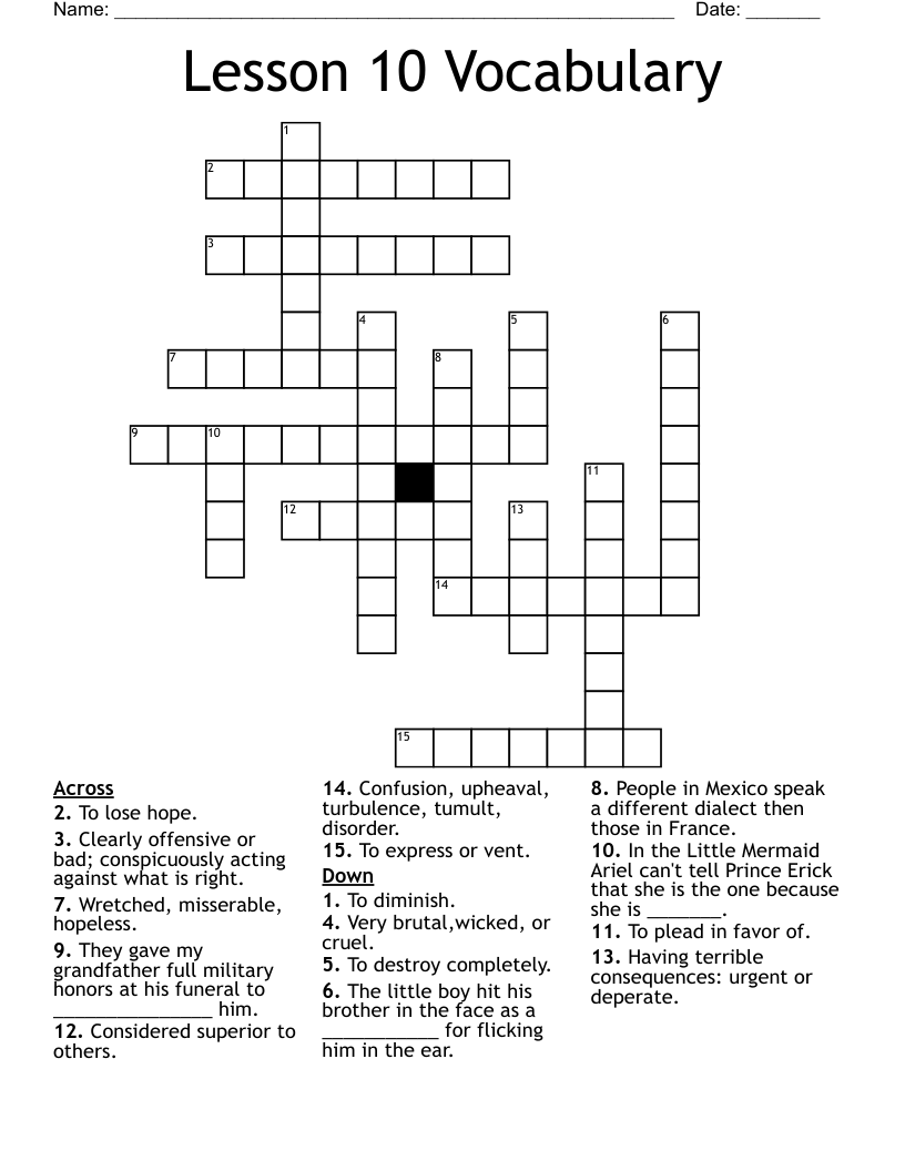 Lesson 10 Vocabulary Crossword WordMint