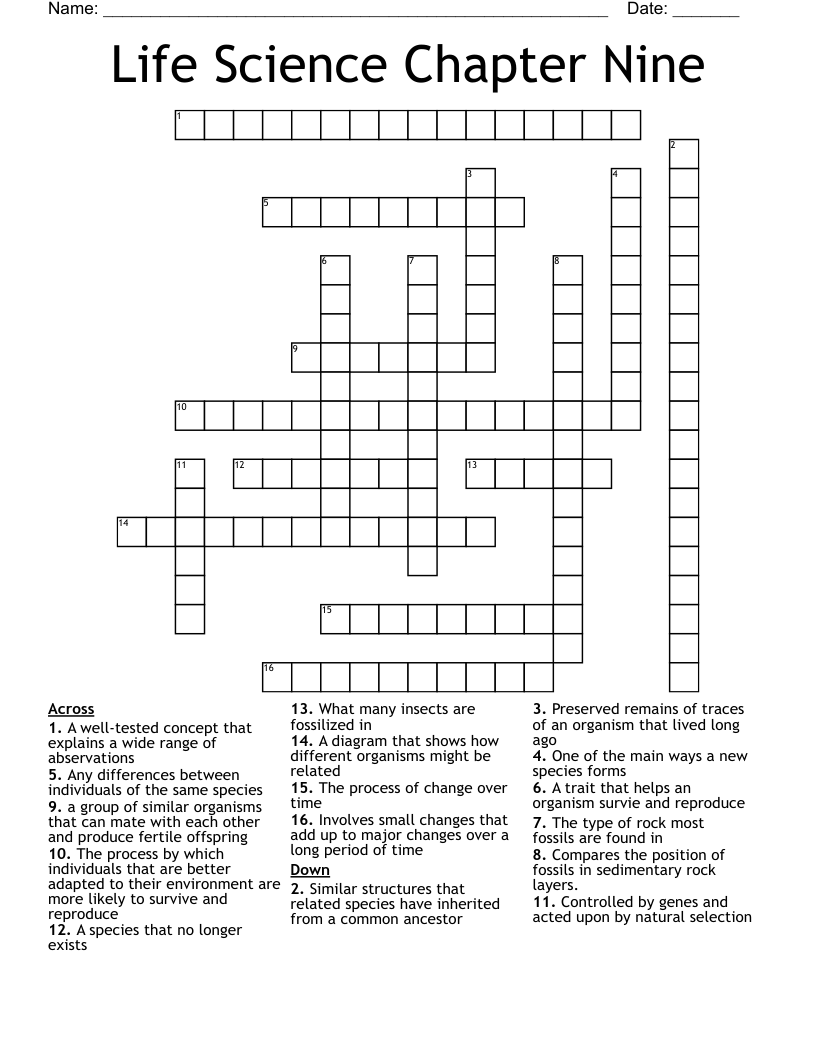 Life Science Chapter Nine Crossword WordMint