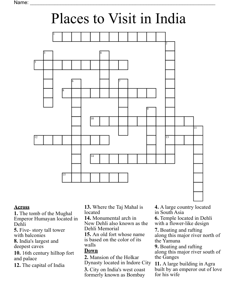 Places To Visit In India Crossword WordMint