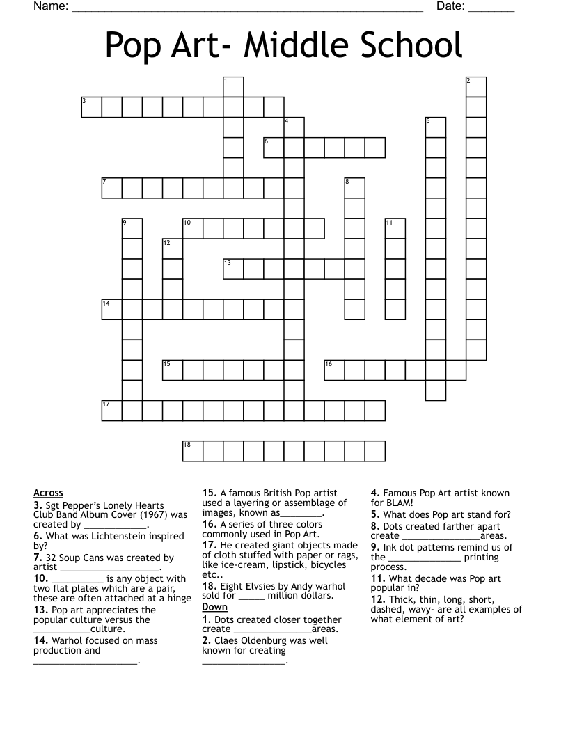 Pop Art Middle School Crossword WordMint