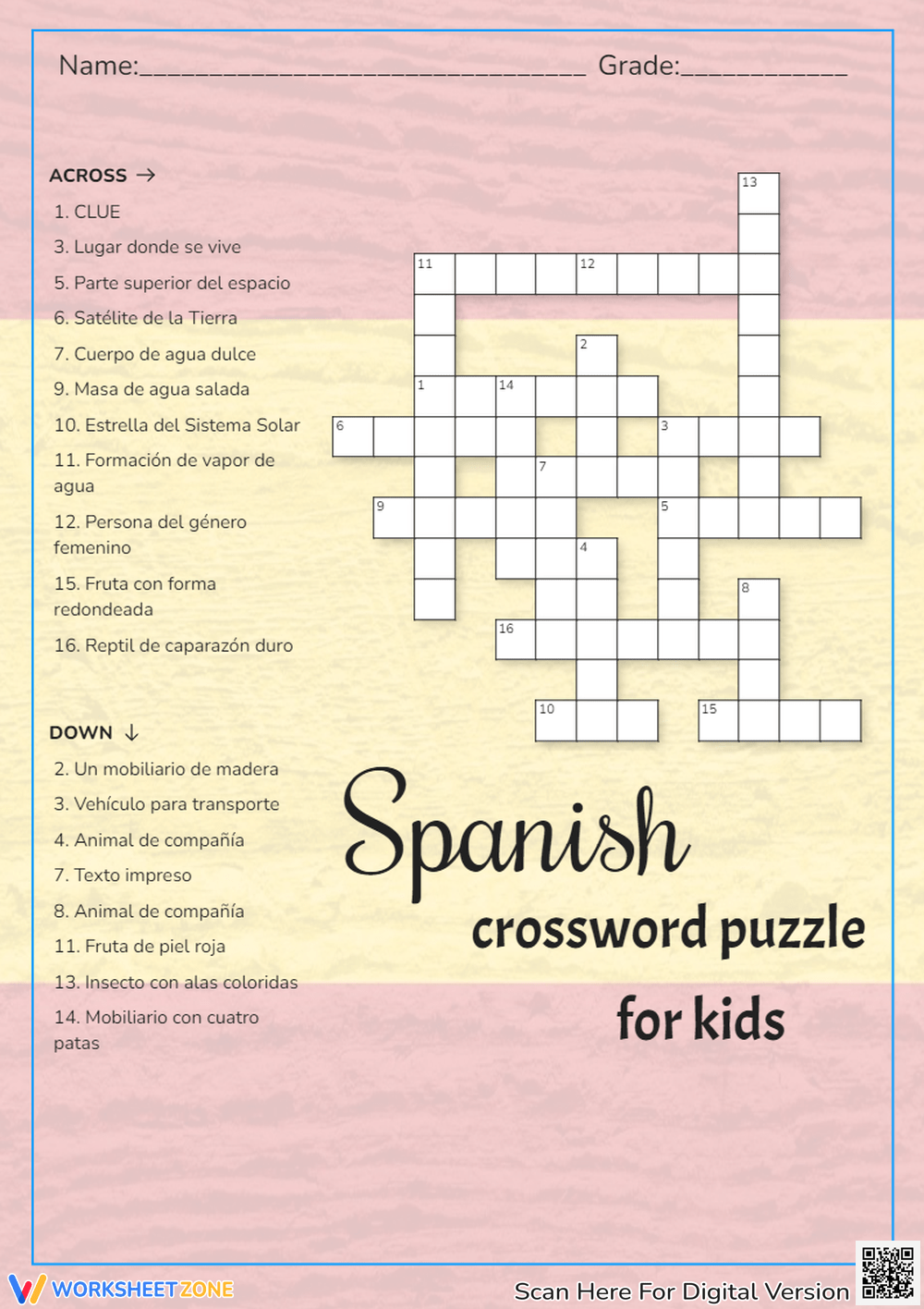 Printable 3rd Grade Spanish Crossword Puzzle Worksheets Download