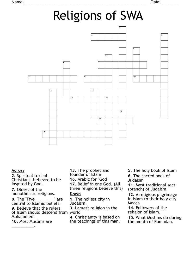 Religions Of SWA Crossword WordMint