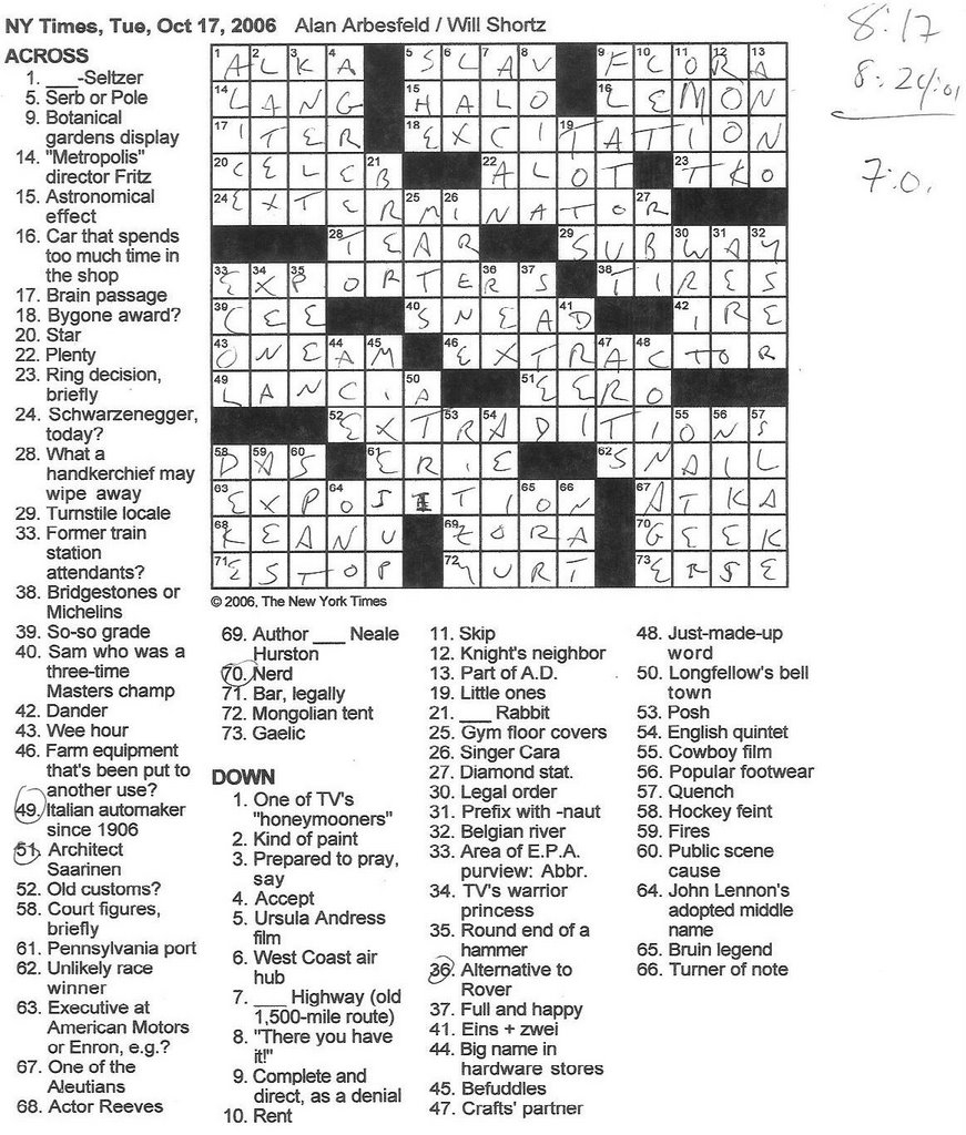 Rex Parker Does The NYT Crossword Puzzle TUESDAY Oct 17 2006 Alan Arbesfeld Rex Parker Does The NYT Crossword Puzzle TUESDAY Oct 17 2006 Alan Arbesfeld