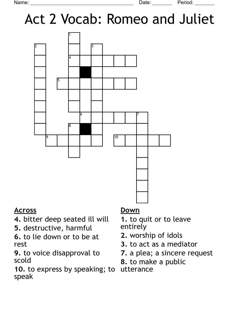 Romeo And Juliet Act II Vocabulary Crossword WordMint