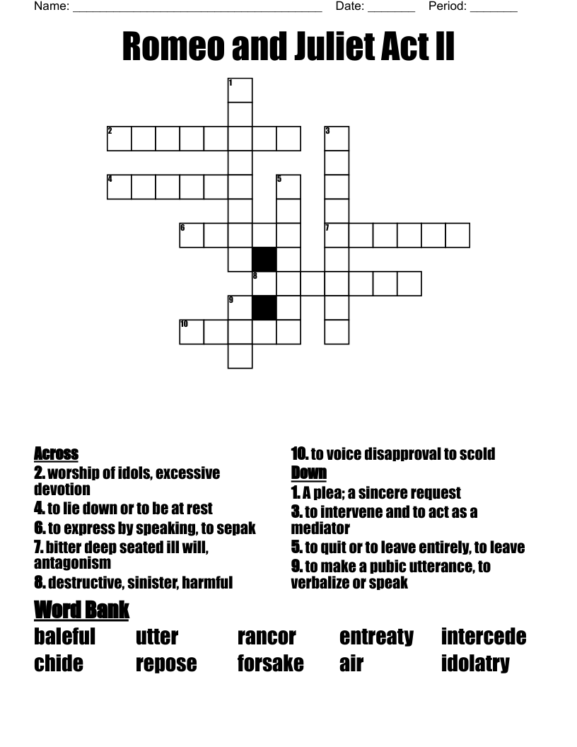 Romeo And Juliet Act II Vocabulary Crossword WordMint