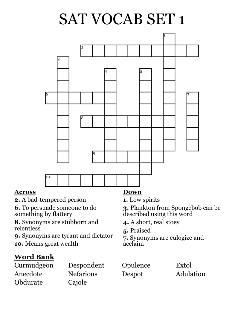 SAT VOCAB SET 1 Crossword WordMint