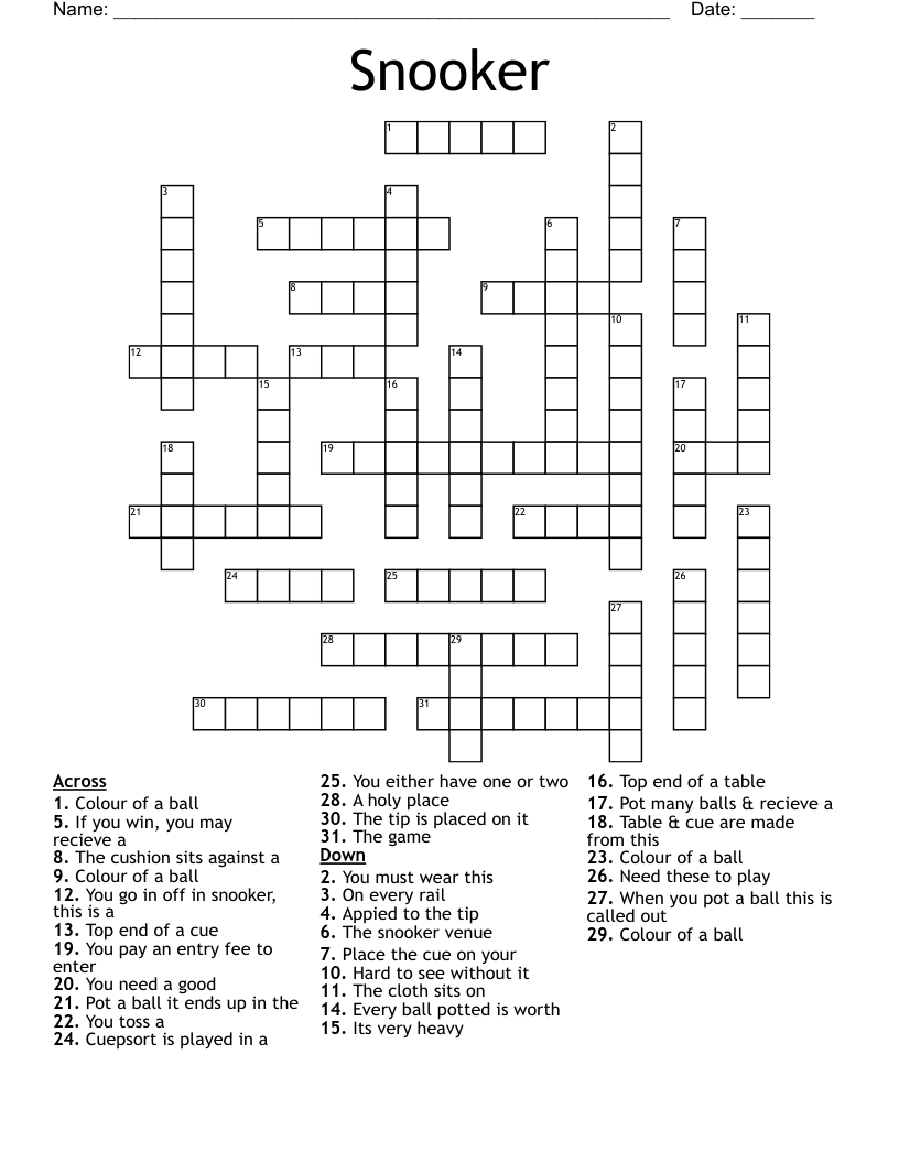 Snooker Crossword WordMint Snooker Crossword WordMint