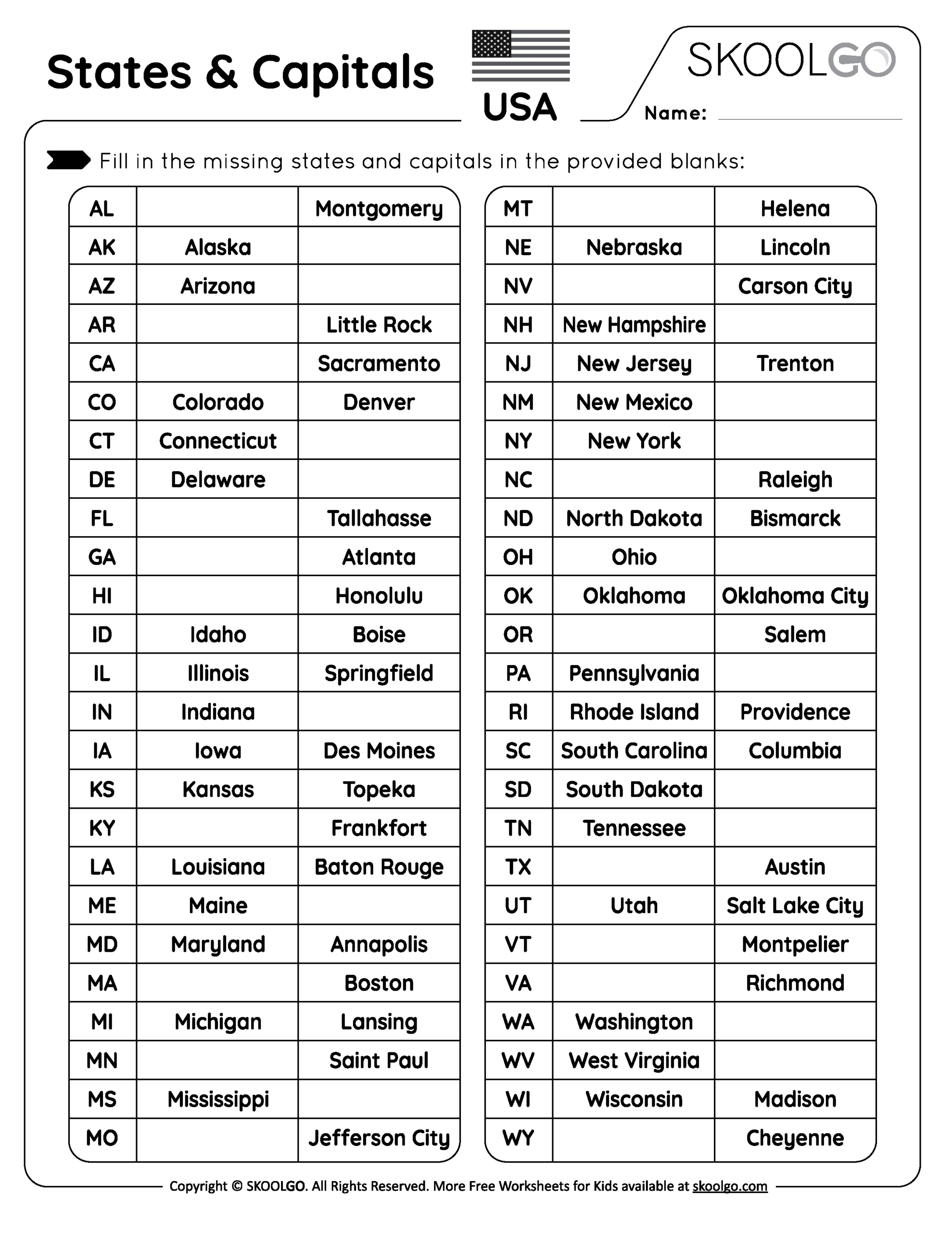 state capitals worksheet