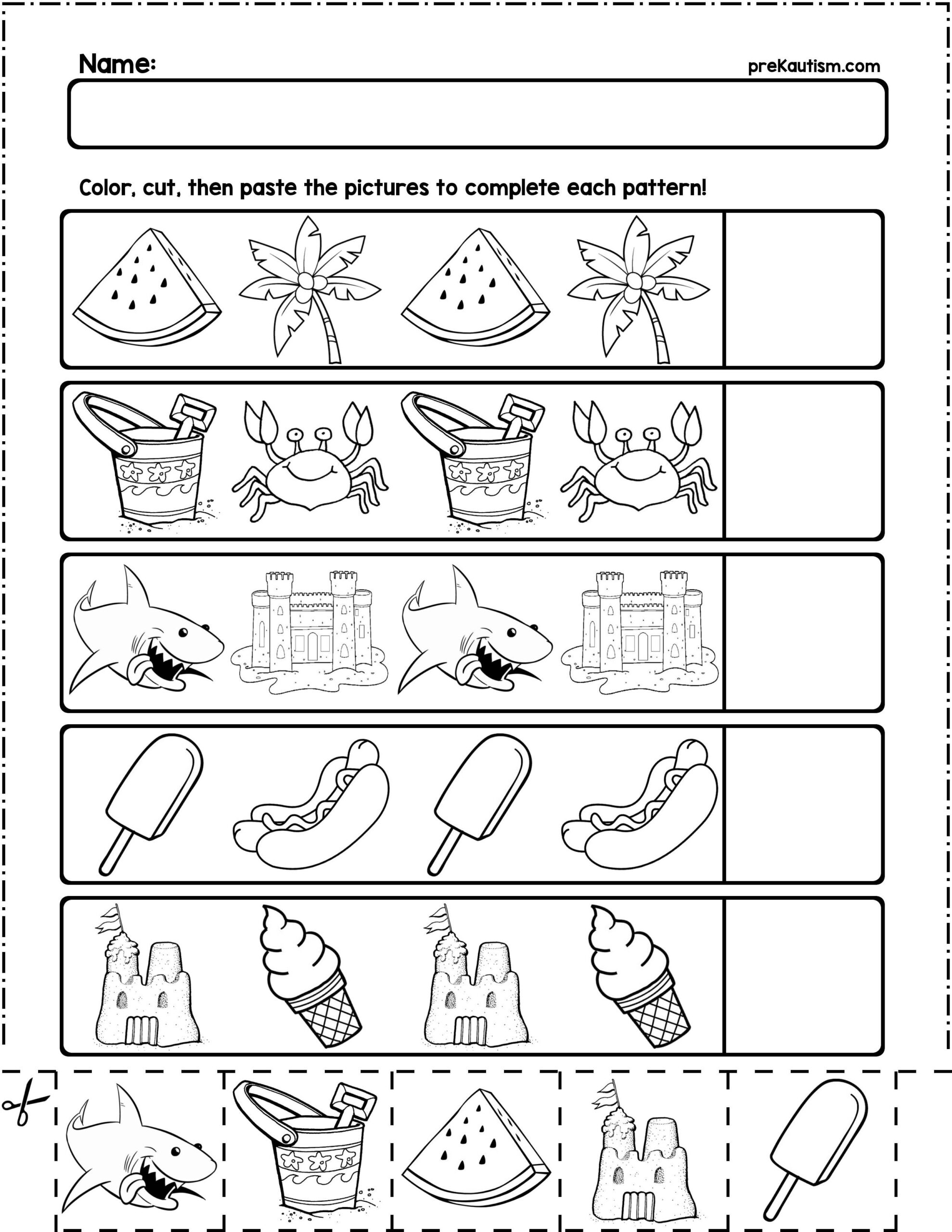 Summer Objects AB Pattern Worksheets 10 Pages By PreKautism TPT