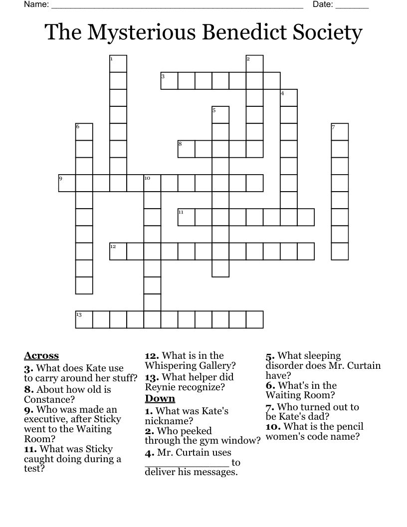The Mysterious Benedict Society Crossword WordMint The Mysterious Benedict Society Crossword WordMint