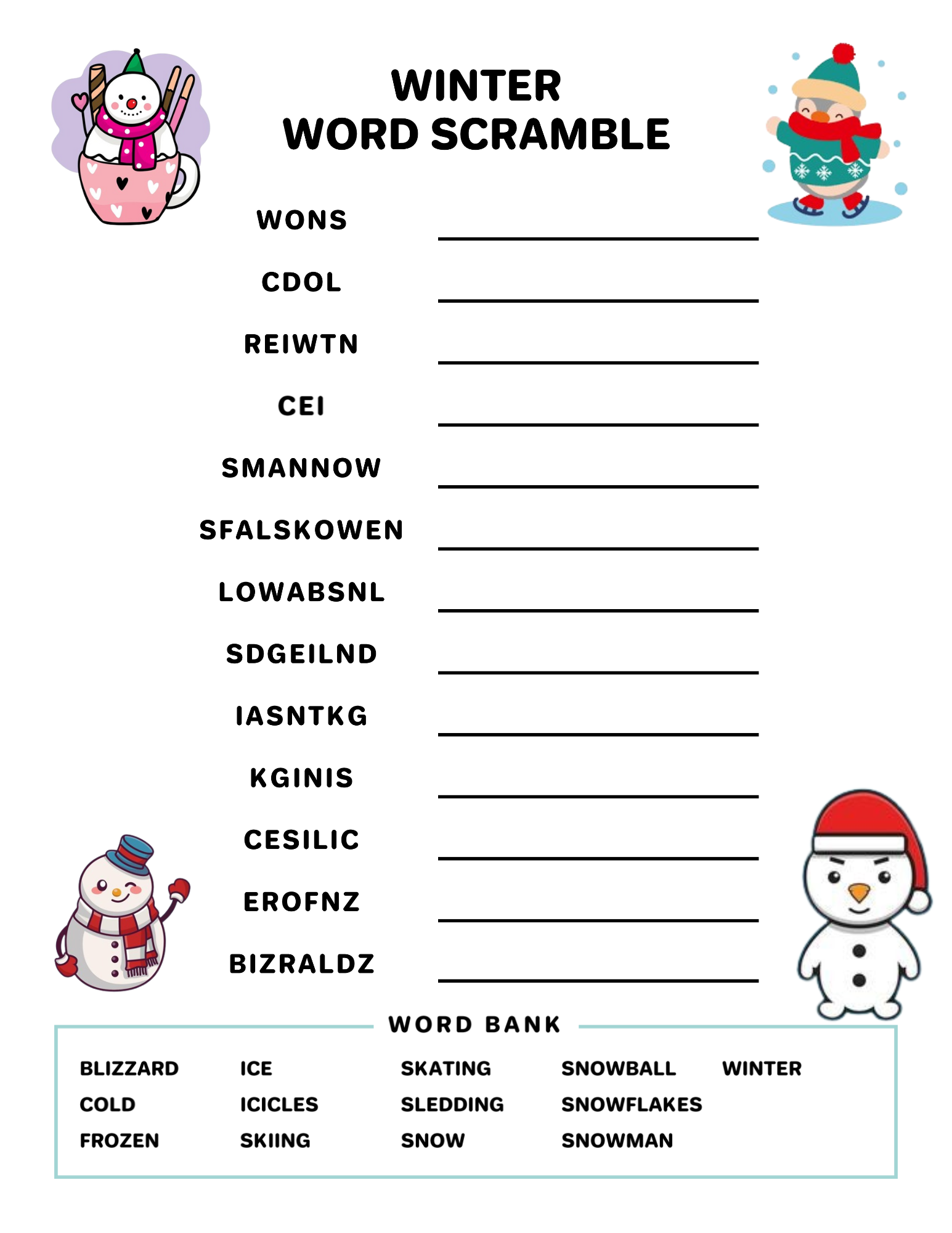 Winter Word Scramble Puzzles Worksheet Activity Made By Teachers